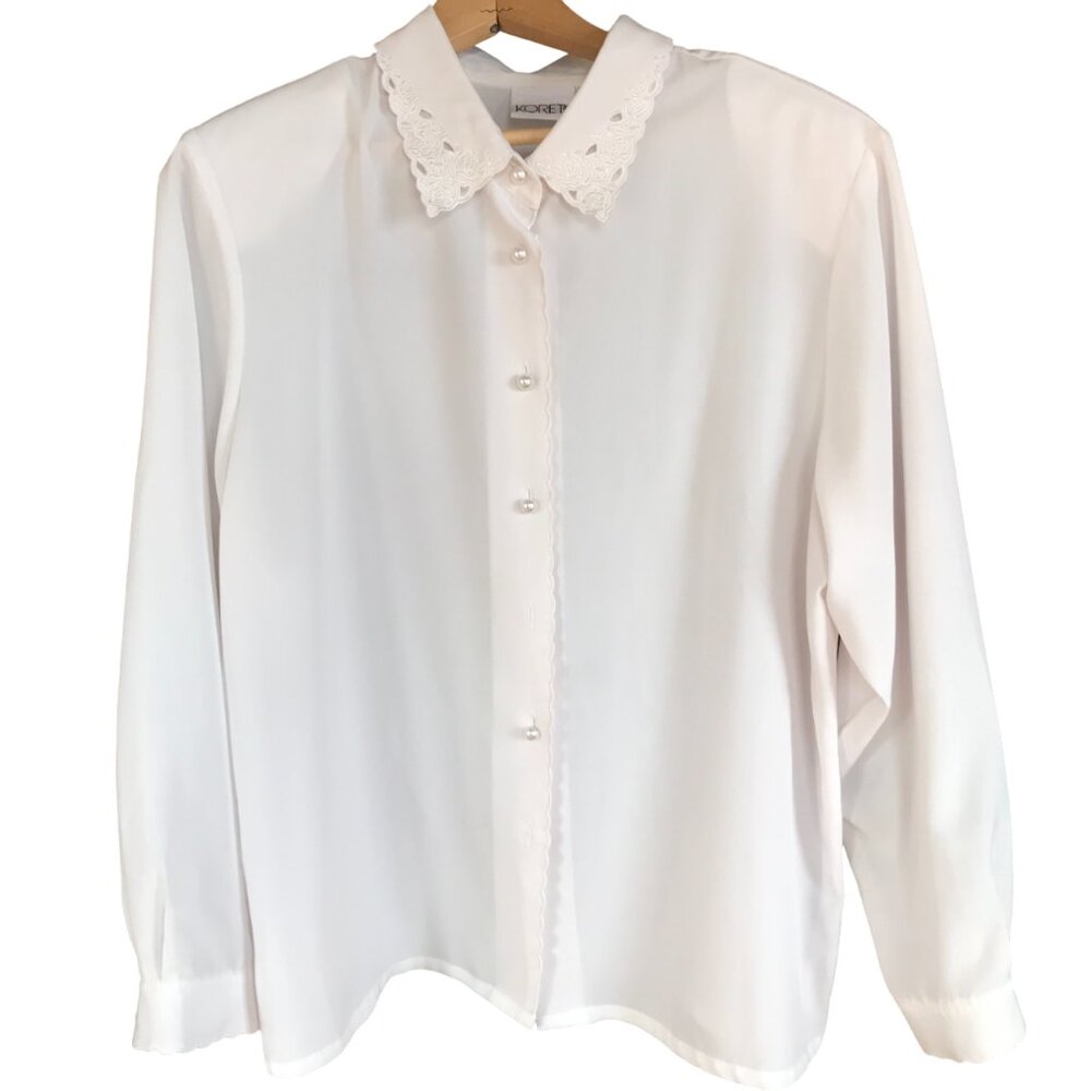 Scalloped Eyelet Blouse, VTG 80s Koret Embroidery Detail Cream Button-Down Sz 16